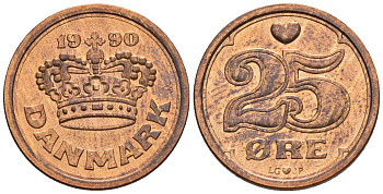 Дания 25 эре 1990 LG;JP, Маргрете II (1972-) KM 868.1, Schoen 84 бронза UNC 4516-111