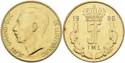 Люксембург 5 франков 1986 Великий герцог Жан (1964-1999) KM 60.1 латунь 63-732