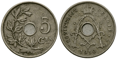 Бельгия 5 сантимов 1910 Belgie KM 67 медно-никель 4173-163