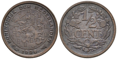 Нидерланды 1/2 цента 1928 Вильгельмина (1890-1948) KM 138 бронза 4588-945