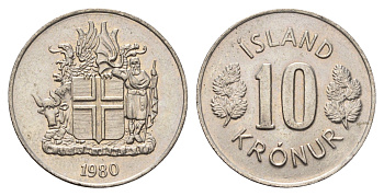 Исландия 10 крон 1980 KM 15 медно-никель UNC 4586-1257