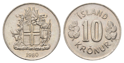 Исландия 10 крон 1980 KM 15 медно-никель UNC 4586-1257