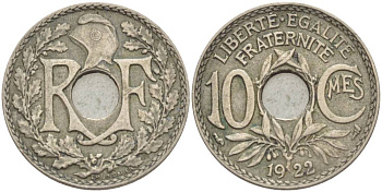 ФРАНЦИЯ 10 САНТИМОВ 1922 tb, ТИП ЛИНДАЙЁ, МОНЕТНЫЙ ДВОР ПУАССИ, МОЛНИЯ KM 866а, LE FRANC 138.7 медно-никель 4544-337