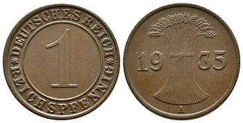 Германия 1 рейхспфенниг 1935 A KM 37, J. 313 бронза 220-116