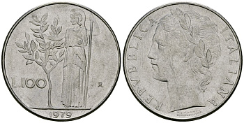 Италия 100 лир 1979 KM 96.1 нержавеющая сталь 4165-1033