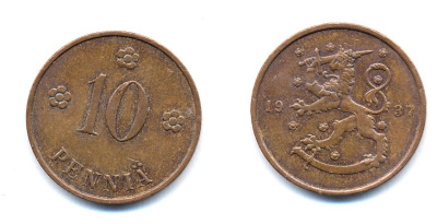 Финляндия 10 пенни 1937 KM 24 медь 51-5622