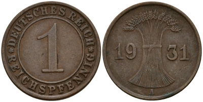 Германия 1 рейхспфенниг 1931 A KM 37, J. 313 бронза 4189-817