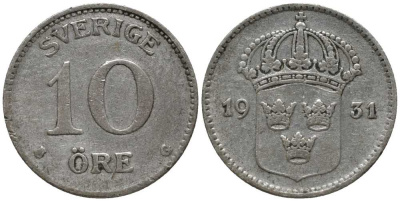 Швеция 10 эре 1931 G, Густав V (1907-1950) КМ 780 серебро 201-1114