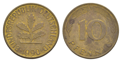 ФРГ 10 пфеннигов 1990 F KM 108, J. 383 сталь плакированная латунью 4627-125