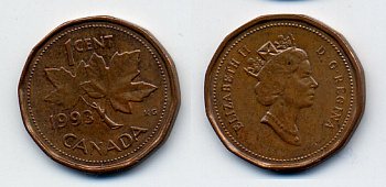 Канада 1 цент 1993 Елизавета II (1952-2022), кленовый лист KM 181 бронза 54-143