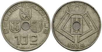 Бельгия 10 сантимов 1939 Belgie - Belgique KM 113 никель латунь 4121-651