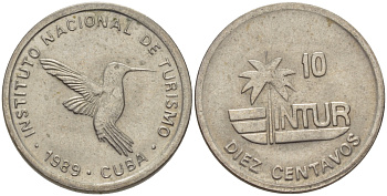 Куба 10 сентаво 1989 туристические деньги, INTUR, цифры номинала маленькие KM 415.2а медно-никель 67-1114