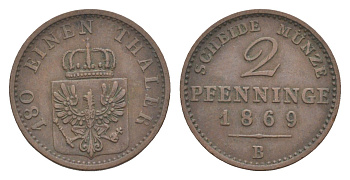 Пруссия 2 пфеннига 1869 B, Вильгельм I (1861-1888) KM 481, Jaeger 51, AKS 107, Olding 425 медь 4651-324