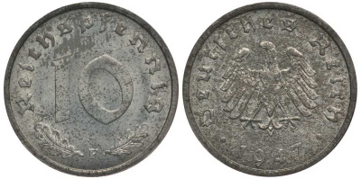 Германия 10 рейхспфеннигов 1947 F, оккупация Германии союзными войсками J. 375, KM A104 цинк UNC 4127-1231