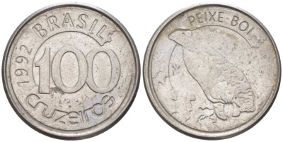 БРАЗИЛИЯ 100 КРУЗЕЙРО 1992 РЕФОРМА 1990-1993, ЛАМАНТИН KM 623 нержавеющая сталь 4387-347