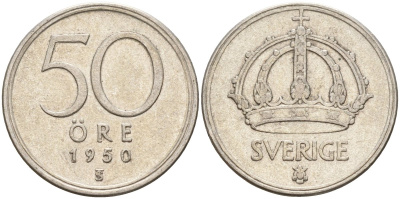 Швеция 50 эре 1950 TS, Густав V (1907-1950) KM 817 серебро 4148-911
