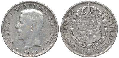 Швеция 1 крона 1930 G, Густав V (1907-1950) KM 786.2 серебро 4178-632