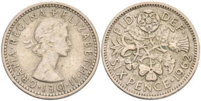Великобритания 6 пенсов 1962 Елизавета II (1952-2022) KM 903, Spink 4149 медно-никель 192-237