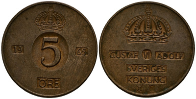 Швеция 5 эре 1965 Густав VI Адольф (1950-1973) KM 822 бронза 4165-941
