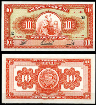 Перу 10 солей 1967 сидящая свобода, Thomas de la Rue Pick 84 a  бумага  аUNC 444-117-2-2