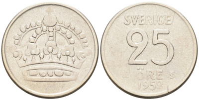 Швеция 25 эре 1952 TS, Густав V (1907-1950) KM 824 серебро 4588-528