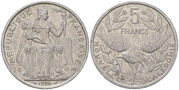 Французская Новая Каледония 5 франков 1986 птица кагу, (IEOM) KM 16, Schoen 12, Lec 76 алюминий 180-623