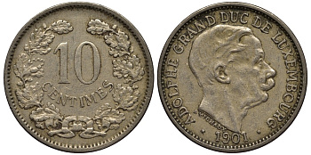 ЛЮКСЕМБУРГ 10 САНТИМОВ 1901 ВЕЛИКИЙ ГЕРЦОГ АДОЛЬФ (1890-1905) КМ 25 медно-никель 4538-716