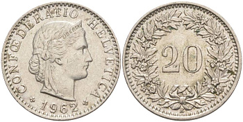 Швейцария 20 раппенов 1962 В KM 29a медно-никель 55-821