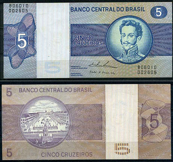 Бразилия 5 крузейро 1974 подпись 18, серия 06010, Педру I, Император Бразильской империи Pick 192 c бумага UNC (пресс) 2197-48-2-2