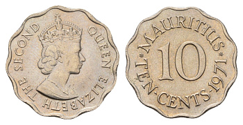 Маврикий 10 центов 1971 Елизавета II (1952-2022) KM 33 медно-никель UNC 84-544