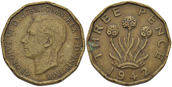 Великобритания 3 пенса 1942 Георг VI (1936-1952) KM 849, Spink 4112 никель латунь 28-312