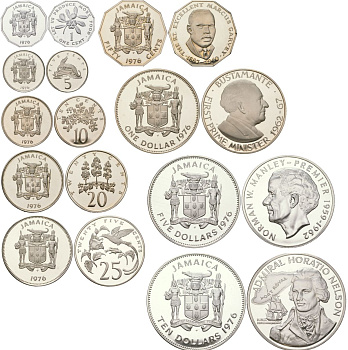 Ямайка полный набор из 9 монет (1, 5, 10, 20, 25 и 50 центов; 1, 5 и 10 долларов) 1976 Первый министр Ямайки - Норман Мэнли и Адмирал Горацио Нельсон KM 53, 54, 55, 56, 57, 62a, 68, 70 и 71a серебро и другие металлы PROOF 5-4-4-3