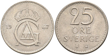 Швеция 25 эре 1967 Густав VI Адольф (1950-1973) KM 836 медно-никель UNC 4585-466