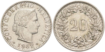 Швейцария 20 раппенов 1962 В KM 29a медно-никель 55-821