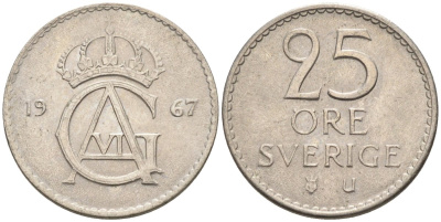 Швеция 25 эре 1967 Густав VI Адольф (1950-1973) KM 836 медно-никель UNC 4585-466