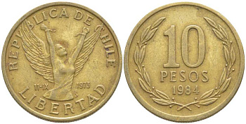 ЧИЛИ 10 ПЕСО 1984 KM 218.1 никель латунь 113-412