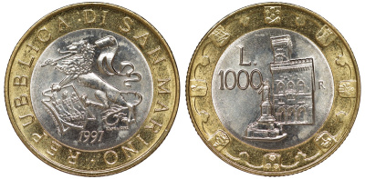 Сан-Марино 1000 лир 1997 1000 лет замку, лев KM 368 биметалл  51-4114