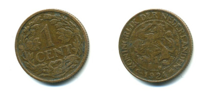 НИДЕРЛАНДЫ 1 ЦЕНТ 1924 ВИЛЬГЕЛЬМИНА (1890-1948), РЕДКИЙ ГОД KM 152 бронза 35-1319