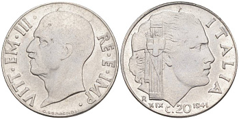ИТАЛИЯ 20 ЧЕНТЕЗИМО 1941 R, ГОД XIX, ВИКТОР ЭММАНУИЛ III (1900-1946) KM 75b, VEM3. 1028 нержавеющая сталь 3853-942