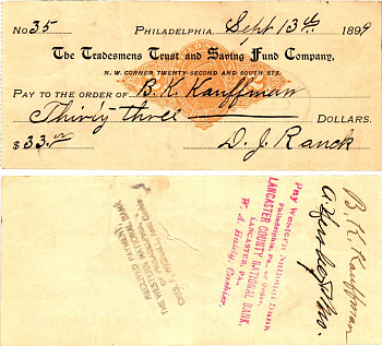 США чек на 33 долларов 1899 Филадельфия бумага 2196-48-2-2