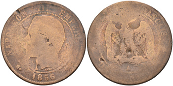 ФРАНЦИЯ 10 САНТИМОВ 1856 A, НАПОЛЕОН III (1852-1870) KM 771.1, LA FRANC 133.32 бронза 63-955