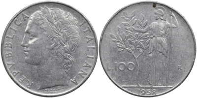 Италия 100 лир 1958 R, Афина в доспехах KM 96.1 нержавеющая сталь 4165-144