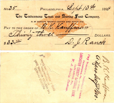 США чек на 33 долларов 1899 Филадельфия бумага 2196-48-2-2