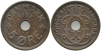 ДАНИЯ 5 ЭРЕ 1928 N; GJ, КРИСТИАН X (1912-1947) KM 828.2 бронза 32-1034