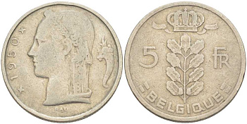БЕЛЬГИЯ 5 ФРАНКОВ 1950 BELGIQUE, ЛЕОПОЛЬД II (1934-1950) KM 134.1 медно-никель 202-1232