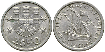 Португалия 2,5 эскудо 1983 парусник KM 590 медно-никель 4387-127