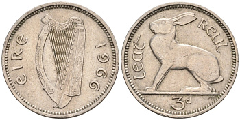 Ирландия 3 пенса 1966 заяц KM 12а медно-никель 92-237