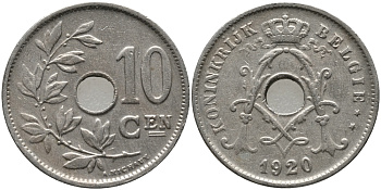 БЕЛЬГИЯ 10 САНТИМОВ 1920 BELGIE KM 86 медно-никель 4364-1014
