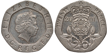 Великобритания 20 пенсов 2001 Елизавета II (1952-2022) KM 990, Spink 4630 (G3) медно-никель 4122-1135