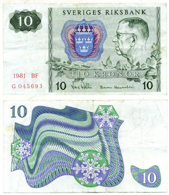 Швеция 10 крон 1981 серия BF, король Густав VI Адольф Pick 52e бумага 7221-14-3-2